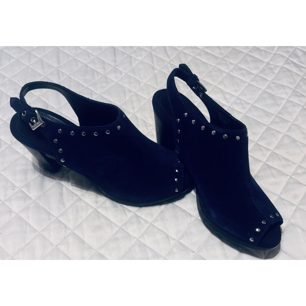 Aerosoles Haven Blue Suede Studded Peep Toe Slingback Clog Heels Women Size 8M